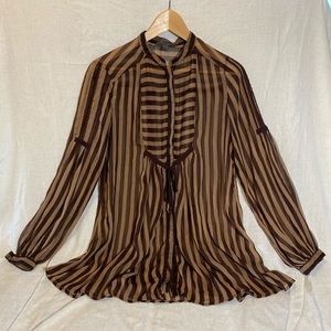 Vintage Flowy Sheer Brown Striped Tunic
